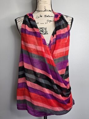 Y2k DKNYC Striped Sleeveless Surplice Sheer Blouse Sz Small